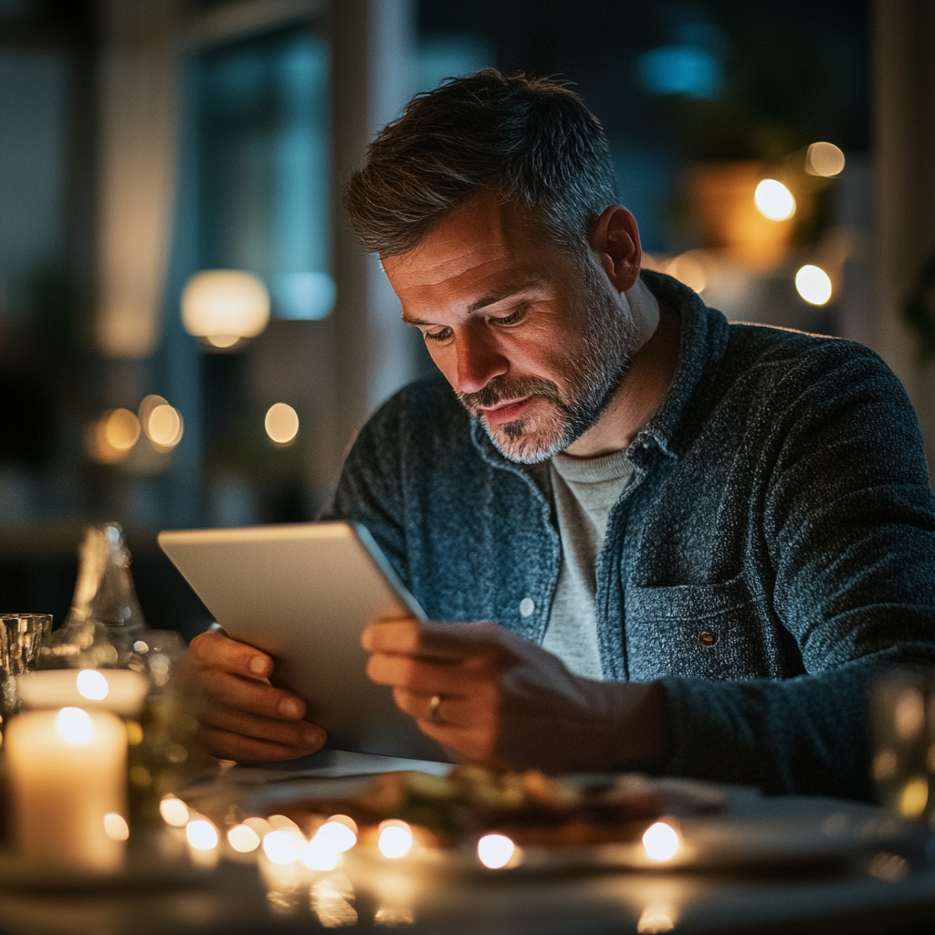 Чоловік аналізує персоналізований план харчування на планшеті за обіднім столом