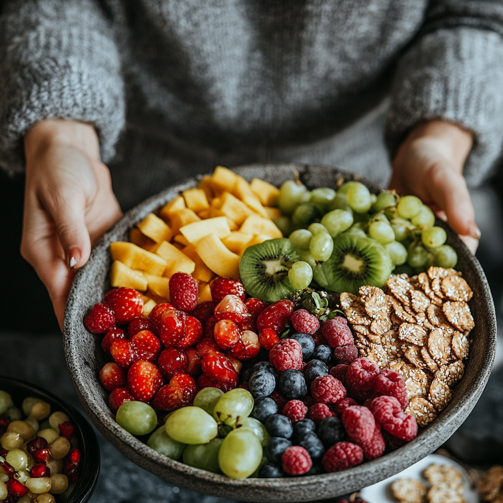 Дієтолог демонструє збалансований набір продуктів для здорового сніданку