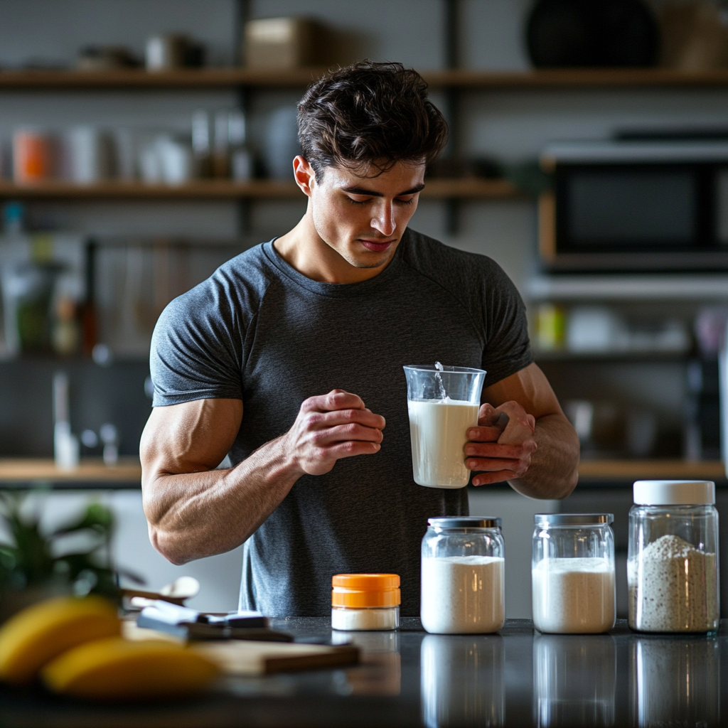 Спортсмен готує протеїновий коктейль після тренування на кухні