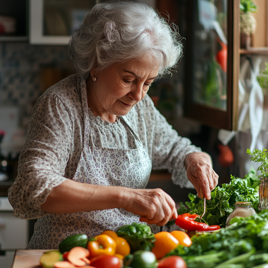Молода жінка готує здорову їжу на кухні з свіжими овочами та фруктами